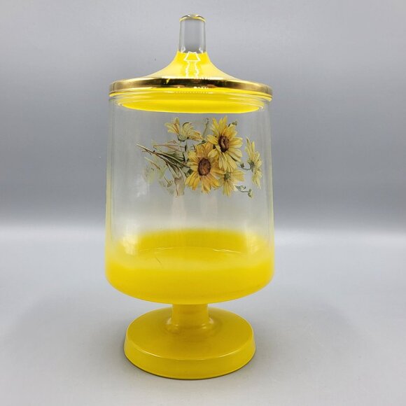 Vintage MCM Footed Glass Vanity Jar with Lid Yellow Floral Sunflower Home Decor - Picture 6 of 12
